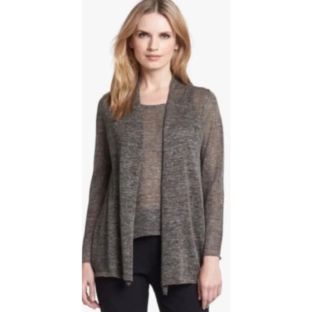 (NWT) Eileen Fisher Fine Linen Sparkle Gold Knit Open Cardigan Size PL